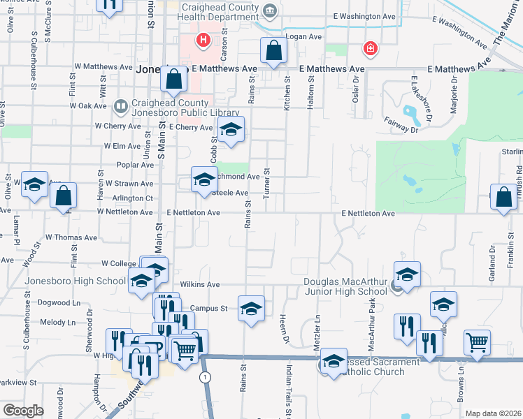 map of restaurants, bars, coffee shops, grocery stores, and more near 1315 Turner Street in Jonesboro