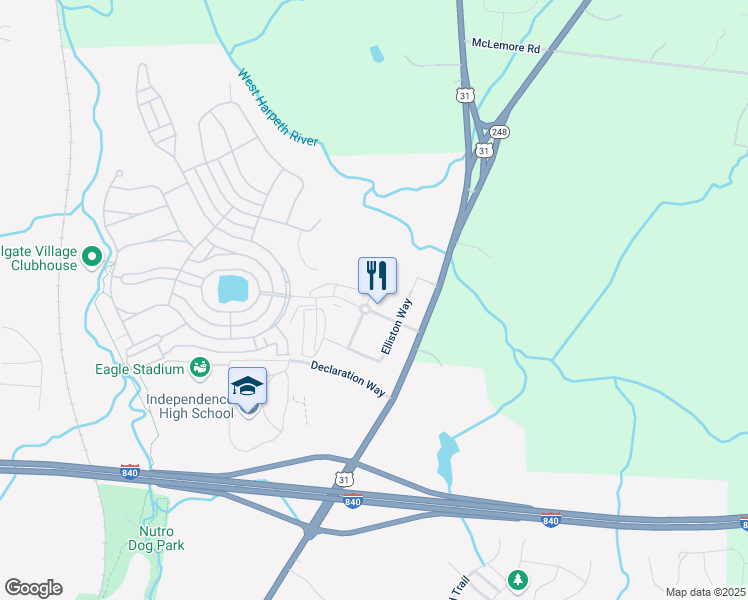 map of restaurants, bars, coffee shops, grocery stores, and more near 2100 Branford Place in Thompson's Station