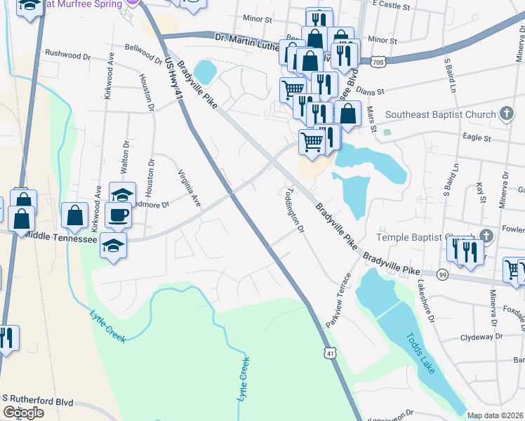 map of restaurants, bars, coffee shops, grocery stores, and more near 1233 Southeast Broad Street in Murfreesboro