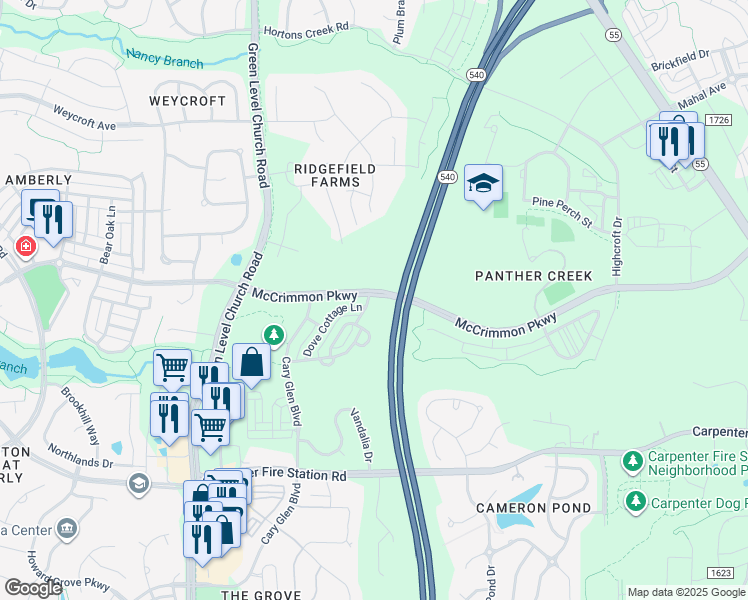 map of restaurants, bars, coffee shops, grocery stores, and more near 5005 Lalex Lane in Cary