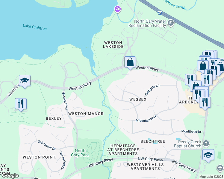 map of restaurants, bars, coffee shops, grocery stores, and more near 406 Tynemouth Drive in Cary