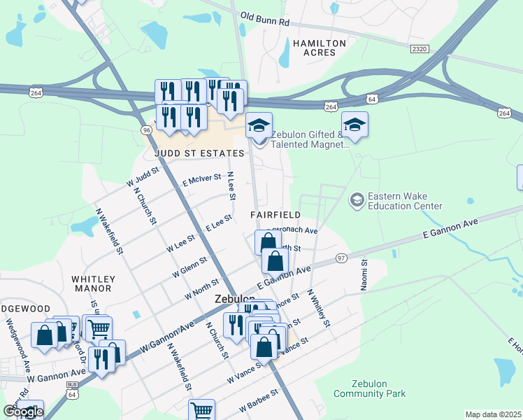 map of restaurants, bars, coffee shops, grocery stores, and more near 620 Shepard School Road in Zebulon