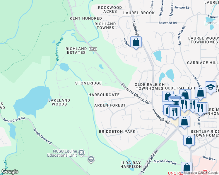 map of restaurants, bars, coffee shops, grocery stores, and more near 4909 Stoneridge Drive in Raleigh