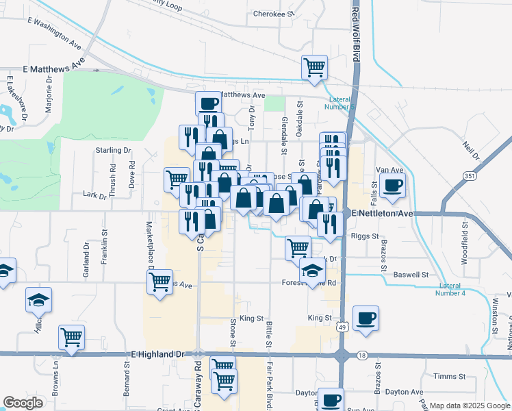 map of restaurants, bars, coffee shops, grocery stores, and more near 2606 East Nettleton Avenue in Jonesboro