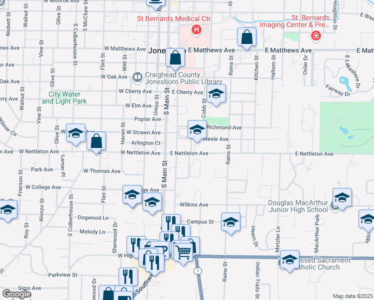 map of restaurants, bars, coffee shops, grocery stores, and more near 208 East Nettleton Avenue in Jonesboro