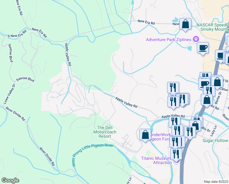 map of restaurants, bars, coffee shops, grocery stores, and more near 439 Country Path Way in Sevierville