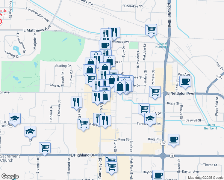 map of restaurants, bars, coffee shops, grocery stores, and more near 2400 East Nettleton Avenue in Jonesboro