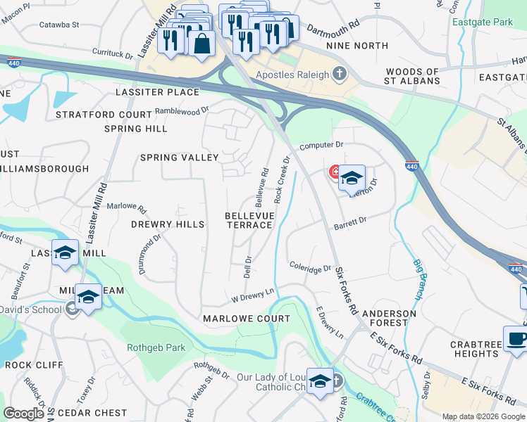 map of restaurants, bars, coffee shops, grocery stores, and more near 3506 Bellevue Road in Raleigh