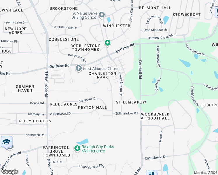 map of restaurants, bars, coffee shops, grocery stores, and more near 3816 Charleston Park Drive in Raleigh