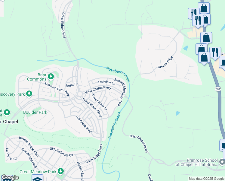 map of restaurants, bars, coffee shops, grocery stores, and more near 1361 Briar Chapel Parkway in Chapel Hill
