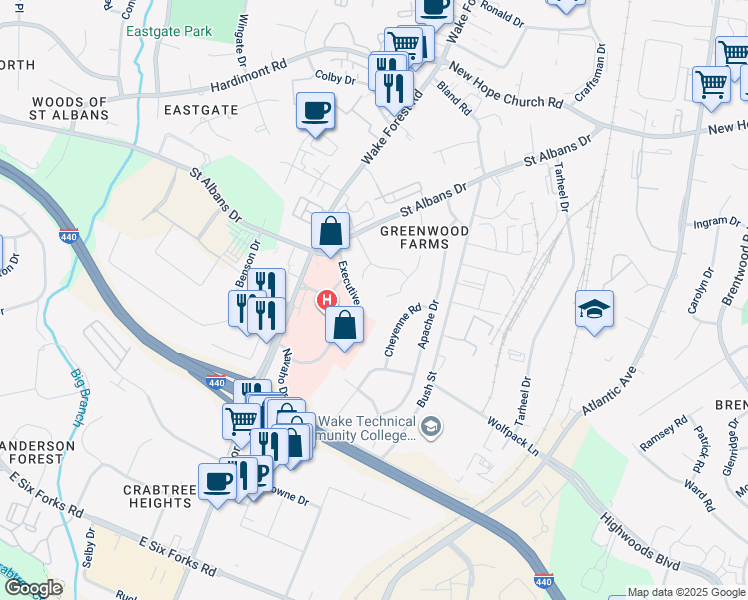 map of restaurants, bars, coffee shops, grocery stores, and more near 1301 Manovill Place in Raleigh