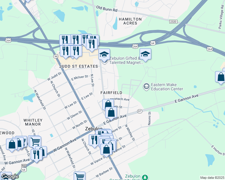 map of restaurants, bars, coffee shops, grocery stores, and more near 617 North Privette Street in Zebulon