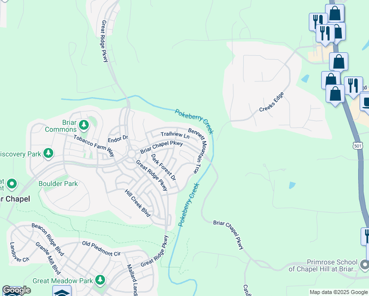 map of restaurants, bars, coffee shops, grocery stores, and more near 1361 Briar Chapel Parkway in Chapel Hill