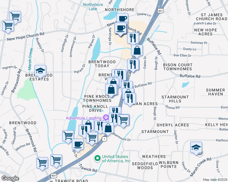map of restaurants, bars, coffee shops, grocery stores, and more near 3501-131 Capital Boulevard in Raleigh
