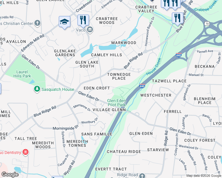 map of restaurants, bars, coffee shops, grocery stores, and more near 3620 Eden Croft Drive in Raleigh