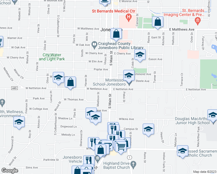map of restaurants, bars, coffee shops, grocery stores, and more near 1327 South Main Street in Jonesboro