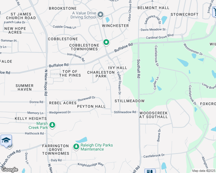map of restaurants, bars, coffee shops, grocery stores, and more near 3816 Charleston Park Drive in Raleigh