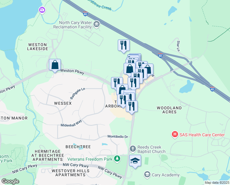 map of restaurants, bars, coffee shops, grocery stores, and more near 3005 Renaissance Park Place in Cary
