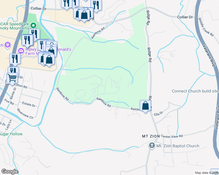 map of restaurants, bars, coffee shops, grocery stores, and more near 1584 Rainbow Ridge Way in Sevierville