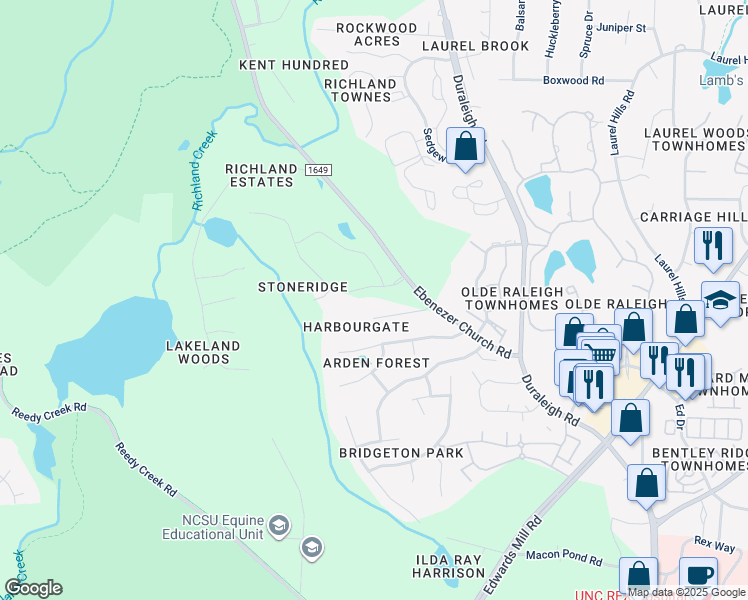 map of restaurants, bars, coffee shops, grocery stores, and more near 4909 Stoneridge Drive in Raleigh