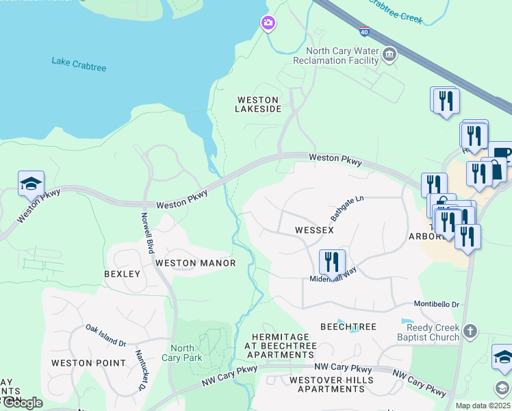 map of restaurants, bars, coffee shops, grocery stores, and more near 406 Tynemouth Drive in Cary