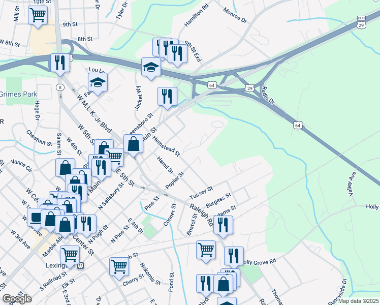 map of restaurants, bars, coffee shops, grocery stores, and more near 7 Jamaica Drive in Lexington