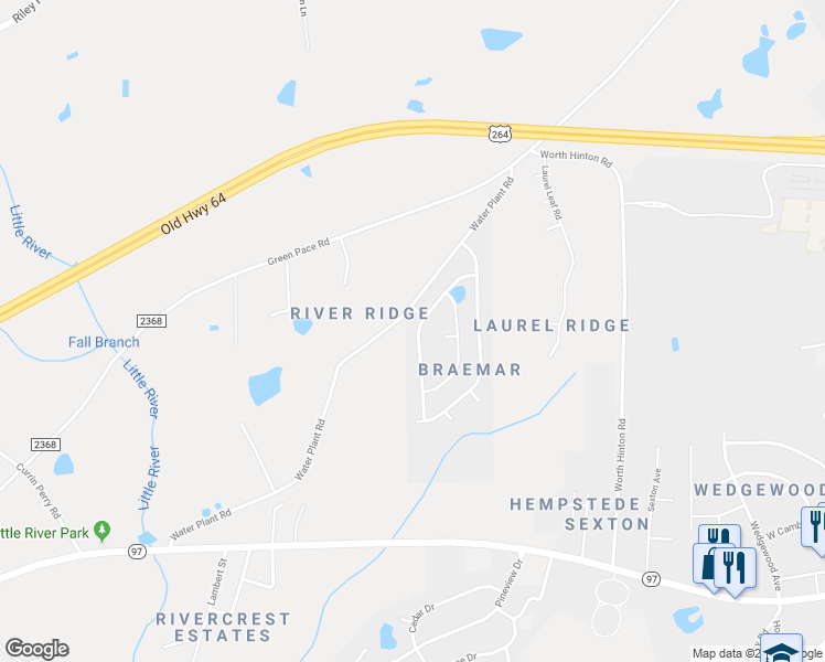 map of restaurants, bars, coffee shops, grocery stores, and more near 2308 King Malcolm Lane in Zebulon