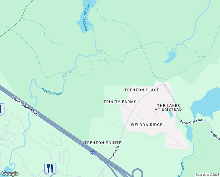 map of restaurants, bars, coffee shops, grocery stores, and more near 2431 Trinity Farms Road in Raleigh