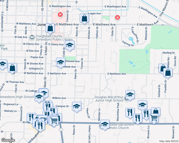map of restaurants, bars, coffee shops, grocery stores, and more near 1320 Kitchen Street in Jonesboro