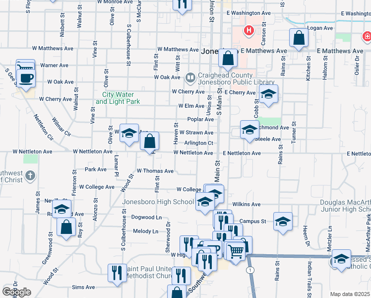 map of restaurants, bars, coffee shops, grocery stores, and more near 300 West Nettleton Avenue in Jonesboro