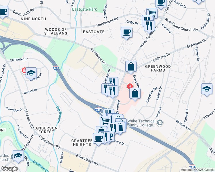map of restaurants, bars, coffee shops, grocery stores, and more near 1105 Navaho Drive in Raleigh