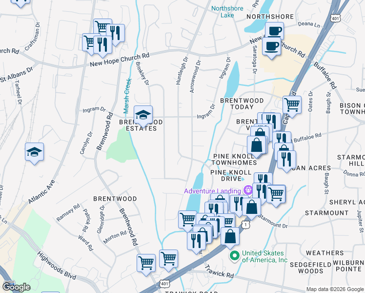 map of restaurants, bars, coffee shops, grocery stores, and more near 3424 Huntleigh Drive in Raleigh