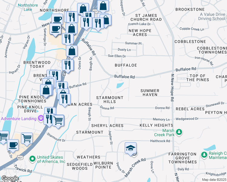 map of restaurants, bars, coffee shops, grocery stores, and more near 3612 Star Trek Court in Raleigh