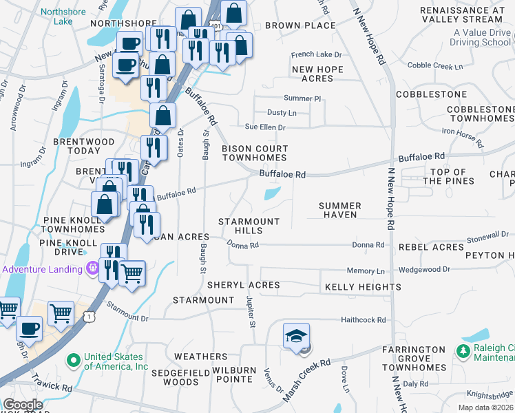 map of restaurants, bars, coffee shops, grocery stores, and more near 3612 Star Trek Court in Raleigh