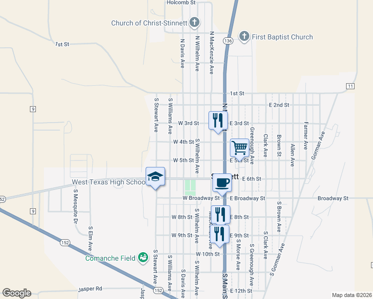 map of restaurants, bars, coffee shops, grocery stores, and more near 411 North Cal Davis Avenue in Stinnett