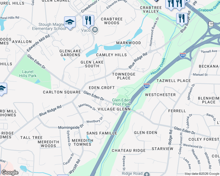 map of restaurants, bars, coffee shops, grocery stores, and more near 3620 Eden Croft Drive in Raleigh