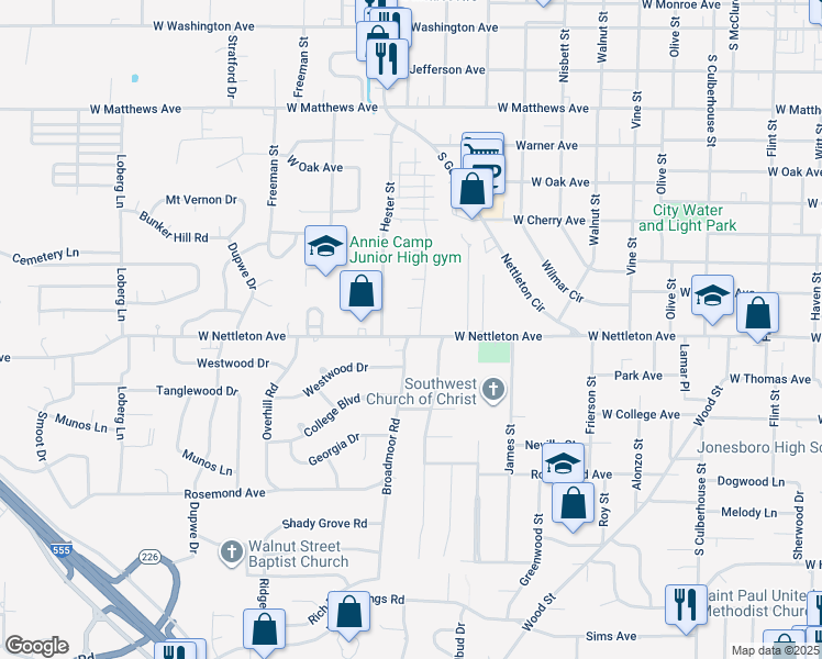 map of restaurants, bars, coffee shops, grocery stores, and more near 1600 County Road 449 in Jonesboro