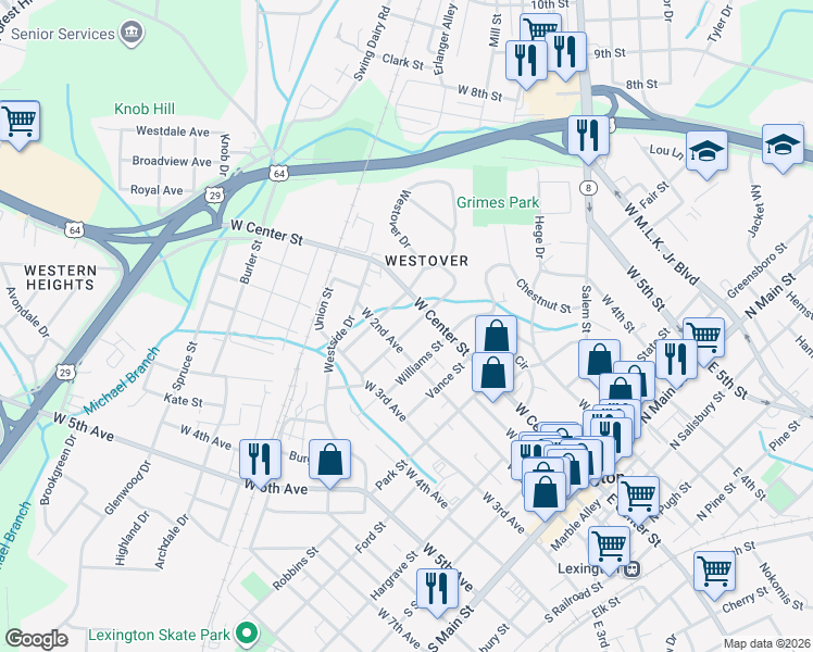 map of restaurants, bars, coffee shops, grocery stores, and more near 6 South Payne Street in Lexington