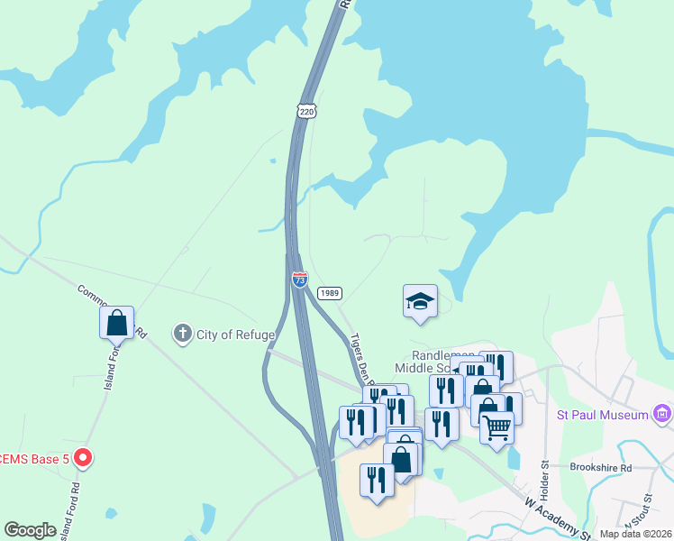 map of restaurants, bars, coffee shops, grocery stores, and more near 4858 Tigers Den Road in Randleman