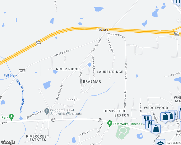 map of restaurants, bars, coffee shops, grocery stores, and more near 3111 Royal Deeside Court in Zebulon