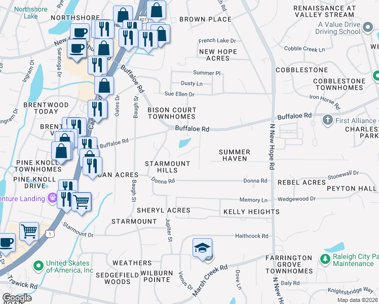map of restaurants, bars, coffee shops, grocery stores, and more near 3601 Durwood Lane in Raleigh