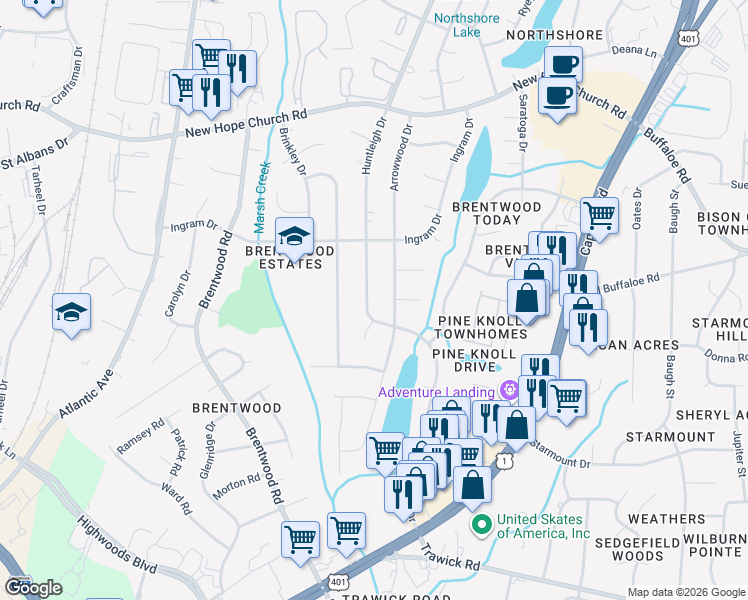 map of restaurants, bars, coffee shops, grocery stores, and more near 3424 Huntleigh Drive in Raleigh