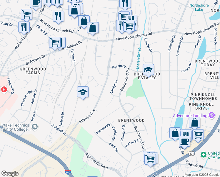 map of restaurants, bars, coffee shops, grocery stores, and more near 3404 Atlantic Avenue in Raleigh