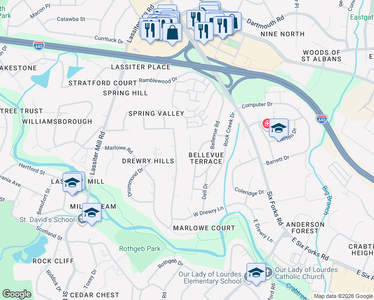 map of restaurants, bars, coffee shops, grocery stores, and more near 3521 Brook Drive in Raleigh