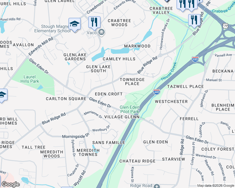 map of restaurants, bars, coffee shops, grocery stores, and more near 3620 Eden Croft Drive in Raleigh
