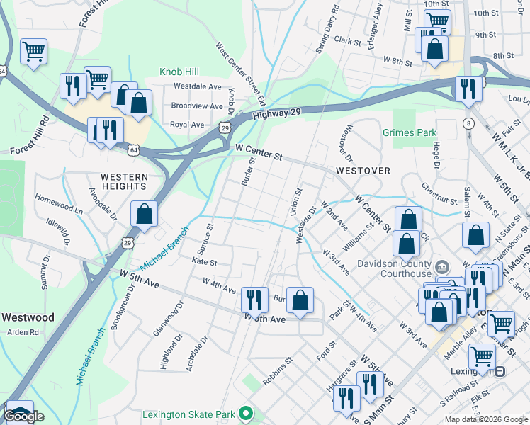 map of restaurants, bars, coffee shops, grocery stores, and more near 801 West 3rd Avenue in Lexington