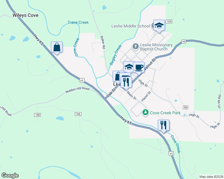 map of restaurants, bars, coffee shops, grocery stores, and more near 101 Oak Street in Leslie