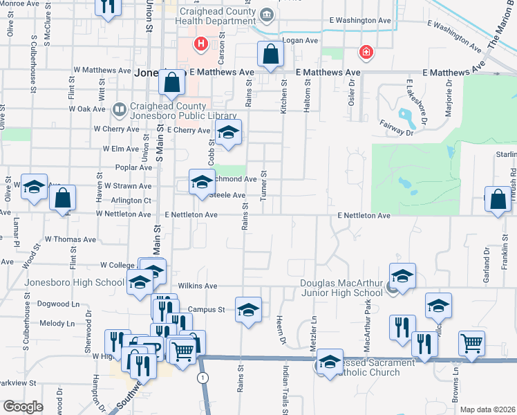 map of restaurants, bars, coffee shops, grocery stores, and more near 1315 Turner Street in Jonesboro