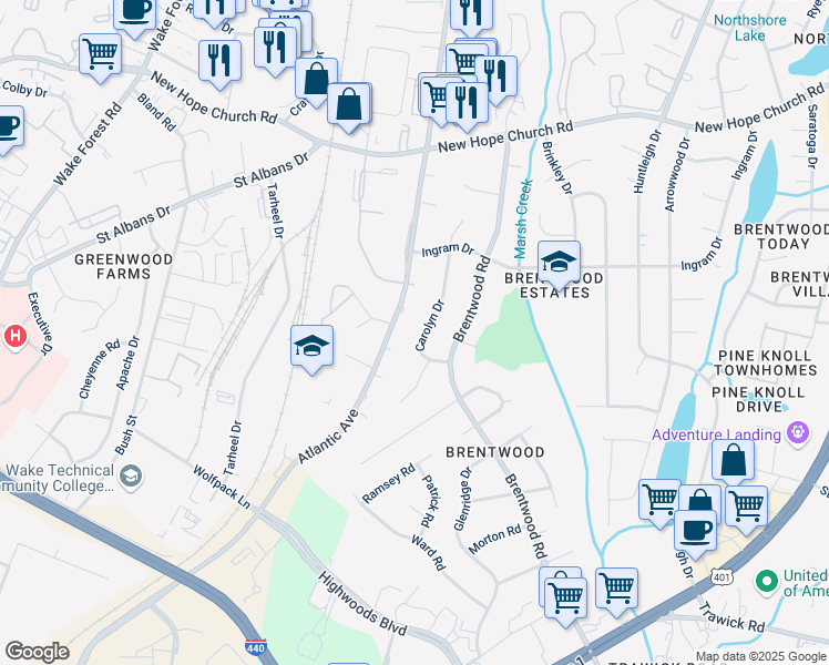 map of restaurants, bars, coffee shops, grocery stores, and more near 3404 Atlantic Avenue in Raleigh
