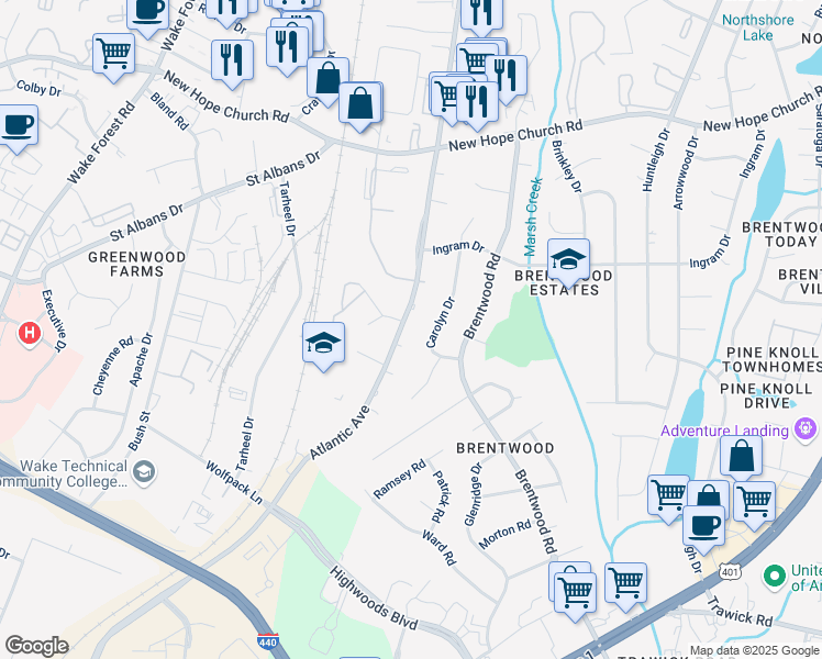 map of restaurants, bars, coffee shops, grocery stores, and more near 3404 Atlantic Avenue in Raleigh